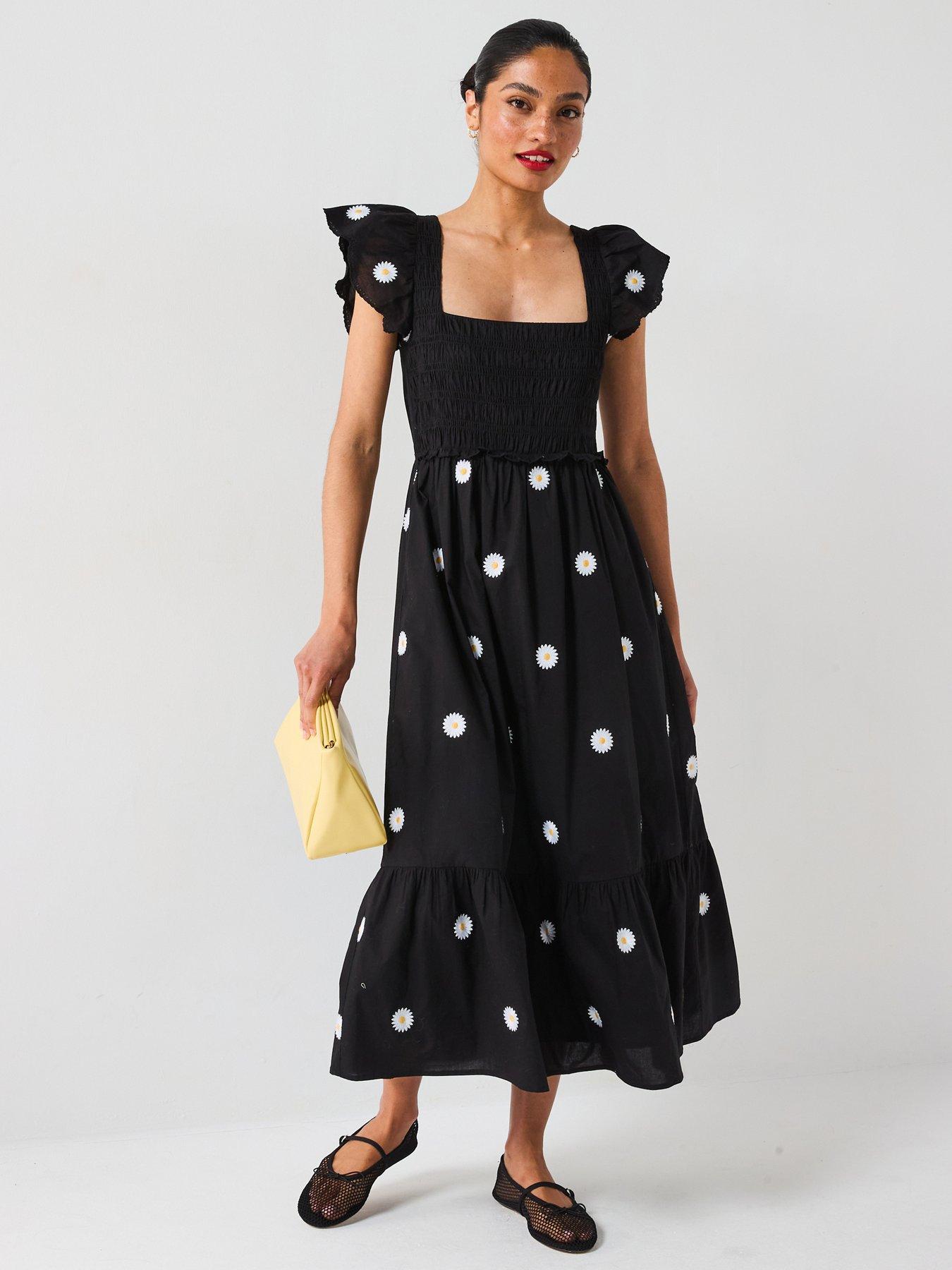 undefined Daisy Embroidered Midi Dress - Black
