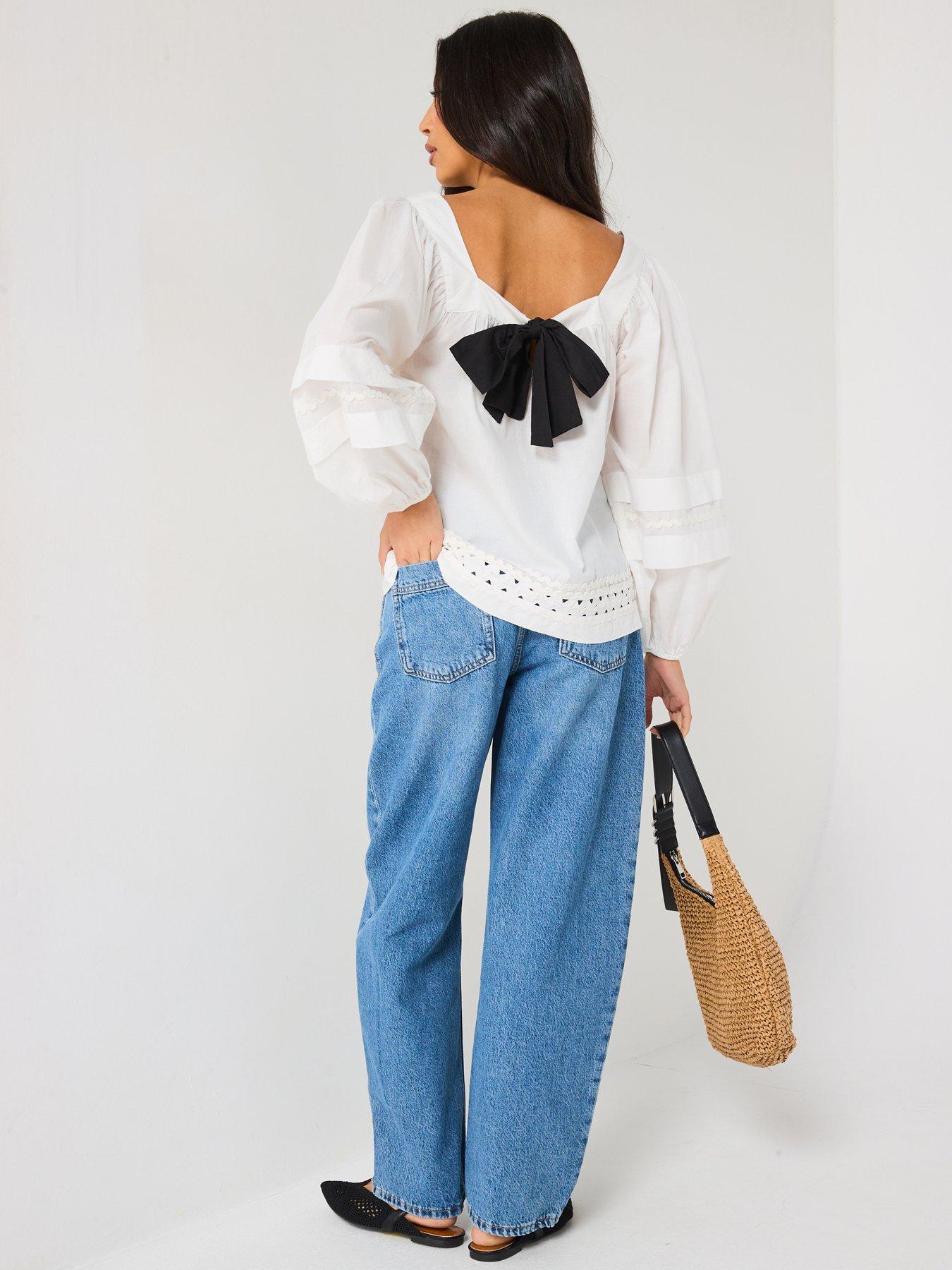  image of v-by-very-square-neck-blouson-sleeve-tie-back