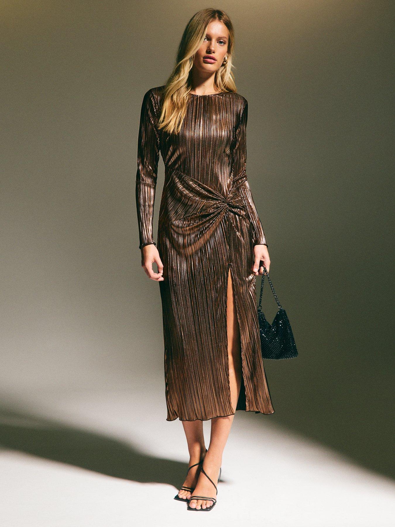 New Look Bronze Knotted Metallic Plisse Midaxi Dress - Brown
