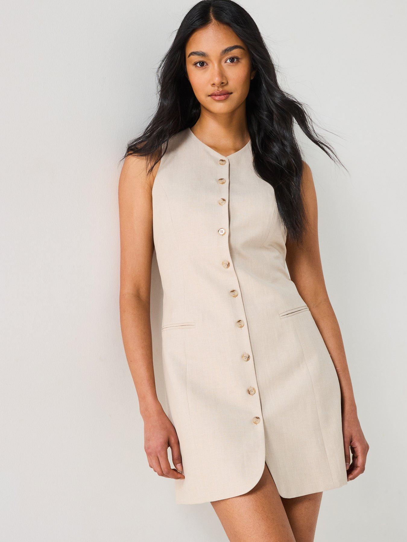 undefined Linen Sleeveless Mini Dress - Beige