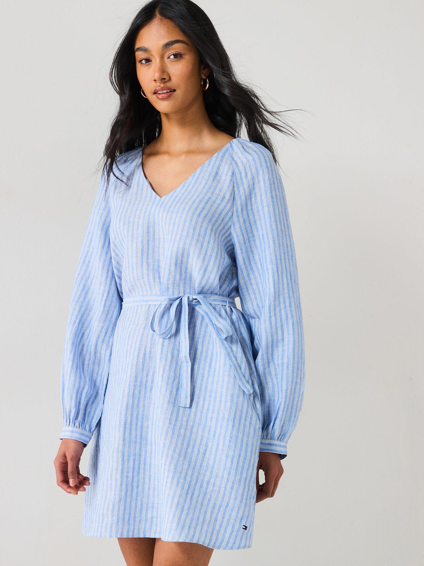 undefined Linen V-Neck Mini Dress - Blue