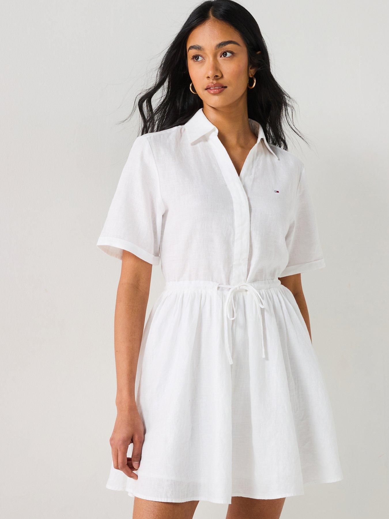 front image of tommy-hilfiger-collared-linen-mini-dress-white