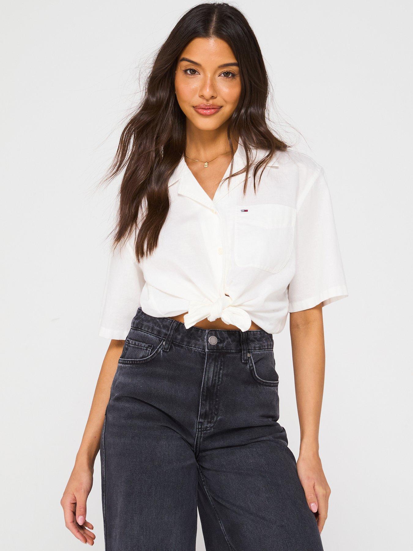 image of tommy-jeans-cropped-linen-tied-shirt-white