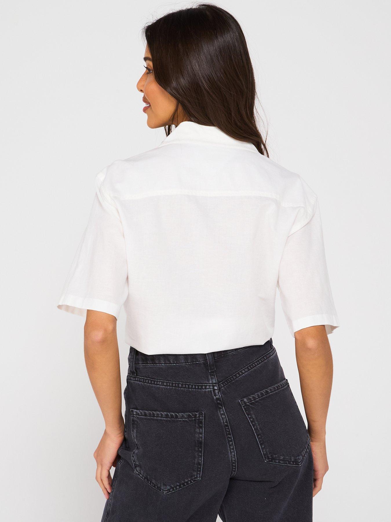  image of tommy-jeans-cropped-linen-tied-shirt-white