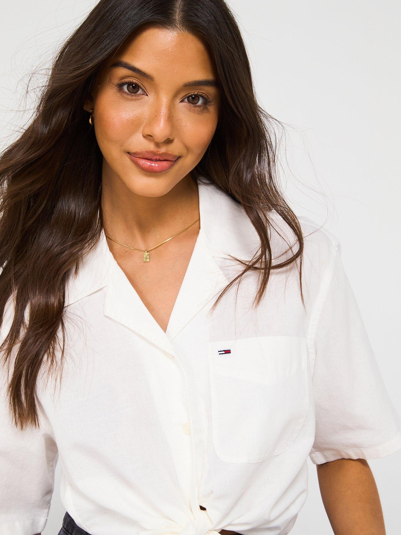  image of tommy-jeans-cropped-linen-tied-shirt-white