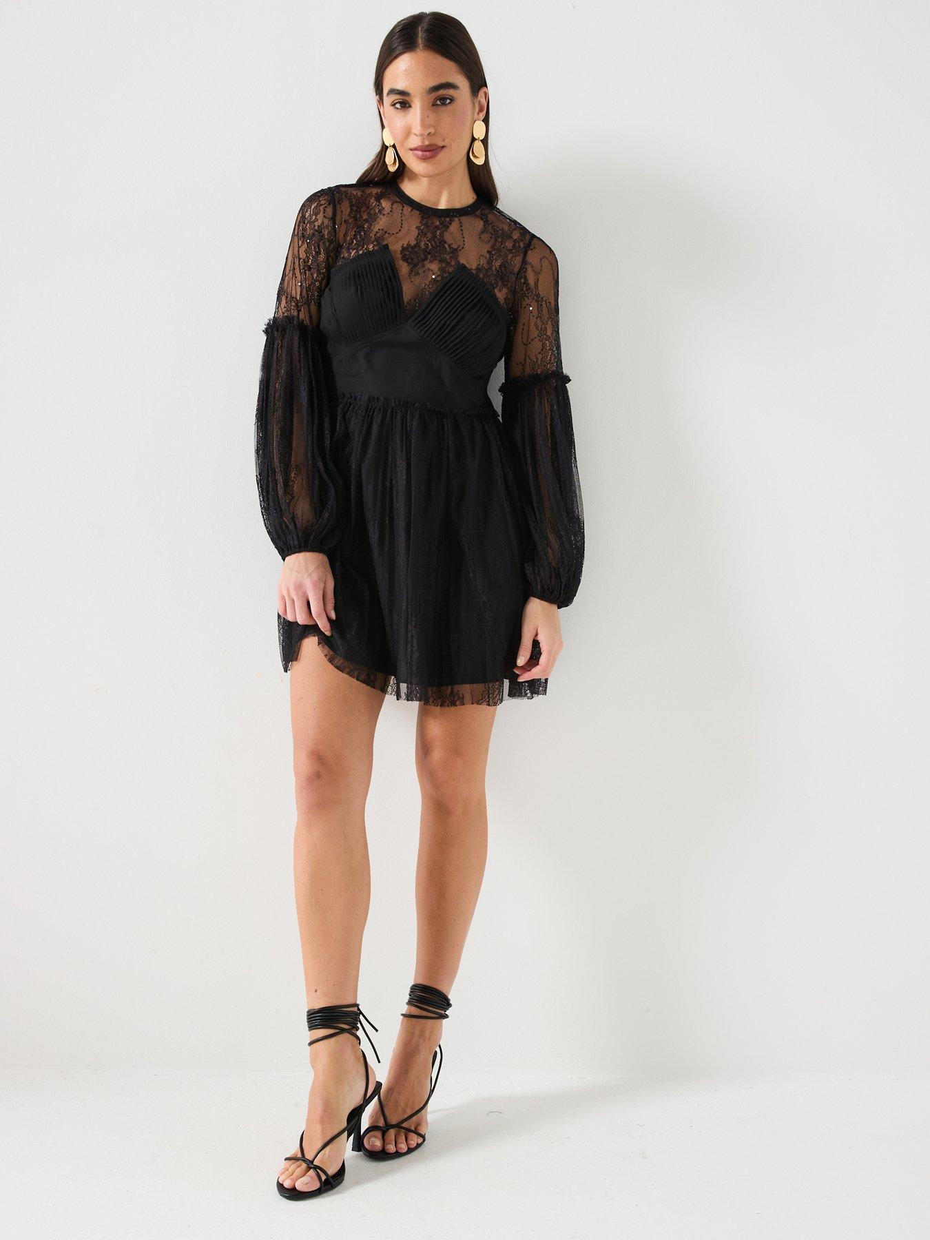 knee length dresses for ladies Robe Longue Détail Résille En Viscose Black main image 1