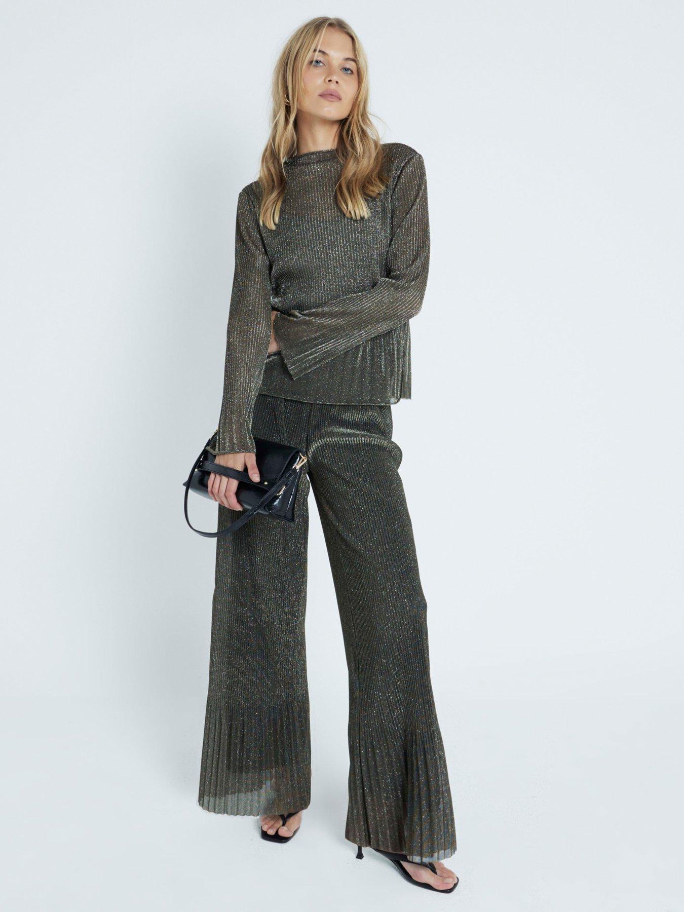 undefined Plisse Wide Leg Trouser - Gold