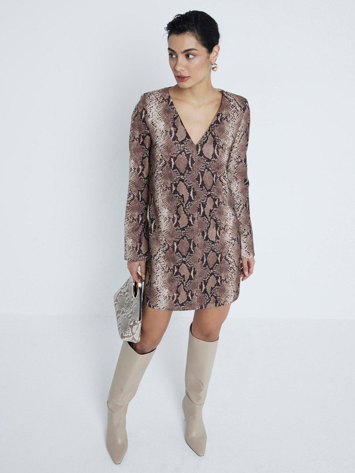 undefined Snake V-Neck Shoulder Pad Mini Dress - Brown