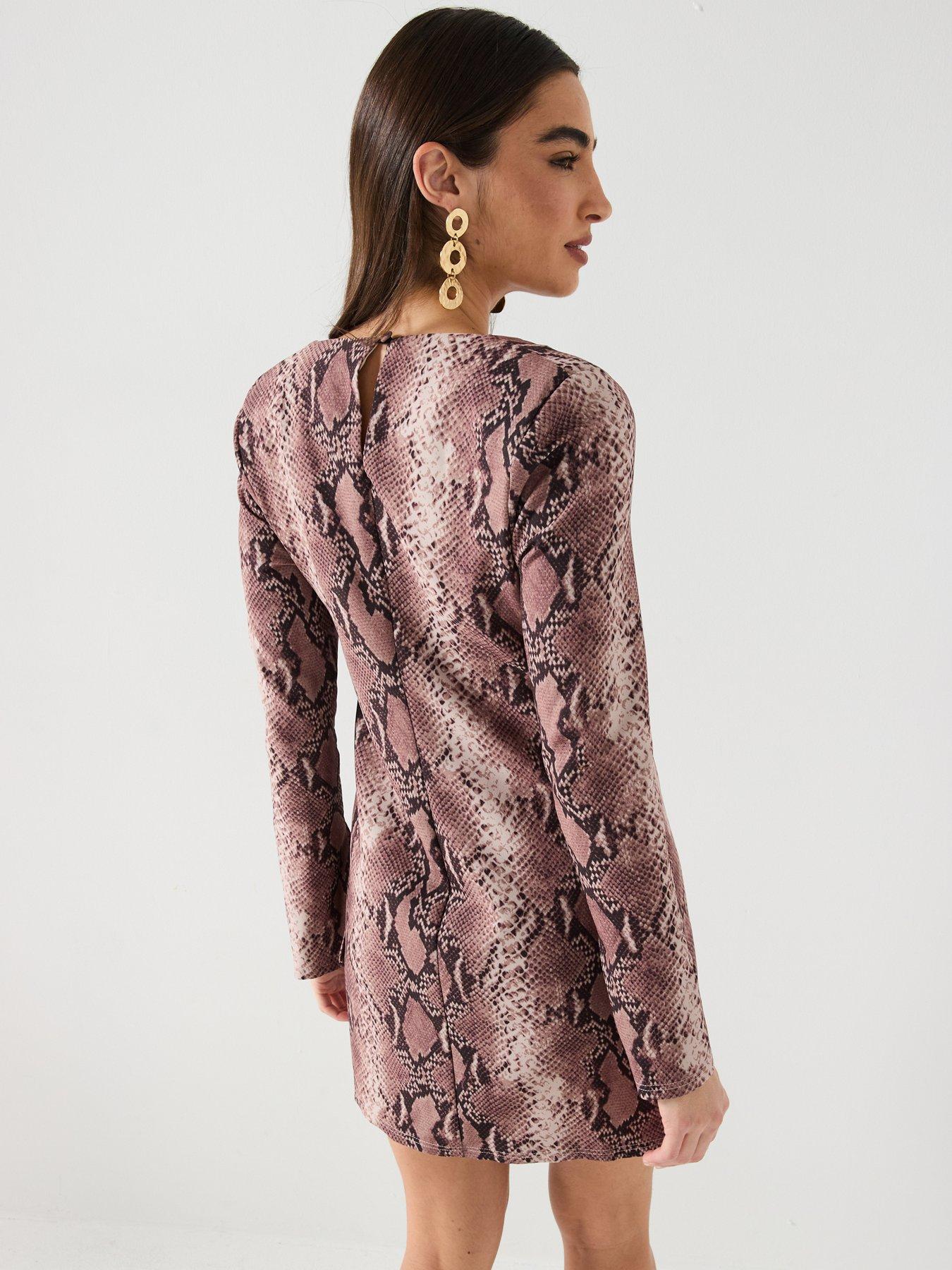 River Island Snake V-Neck Shoulder Pad Mini Dress - Brown | Littlewoods