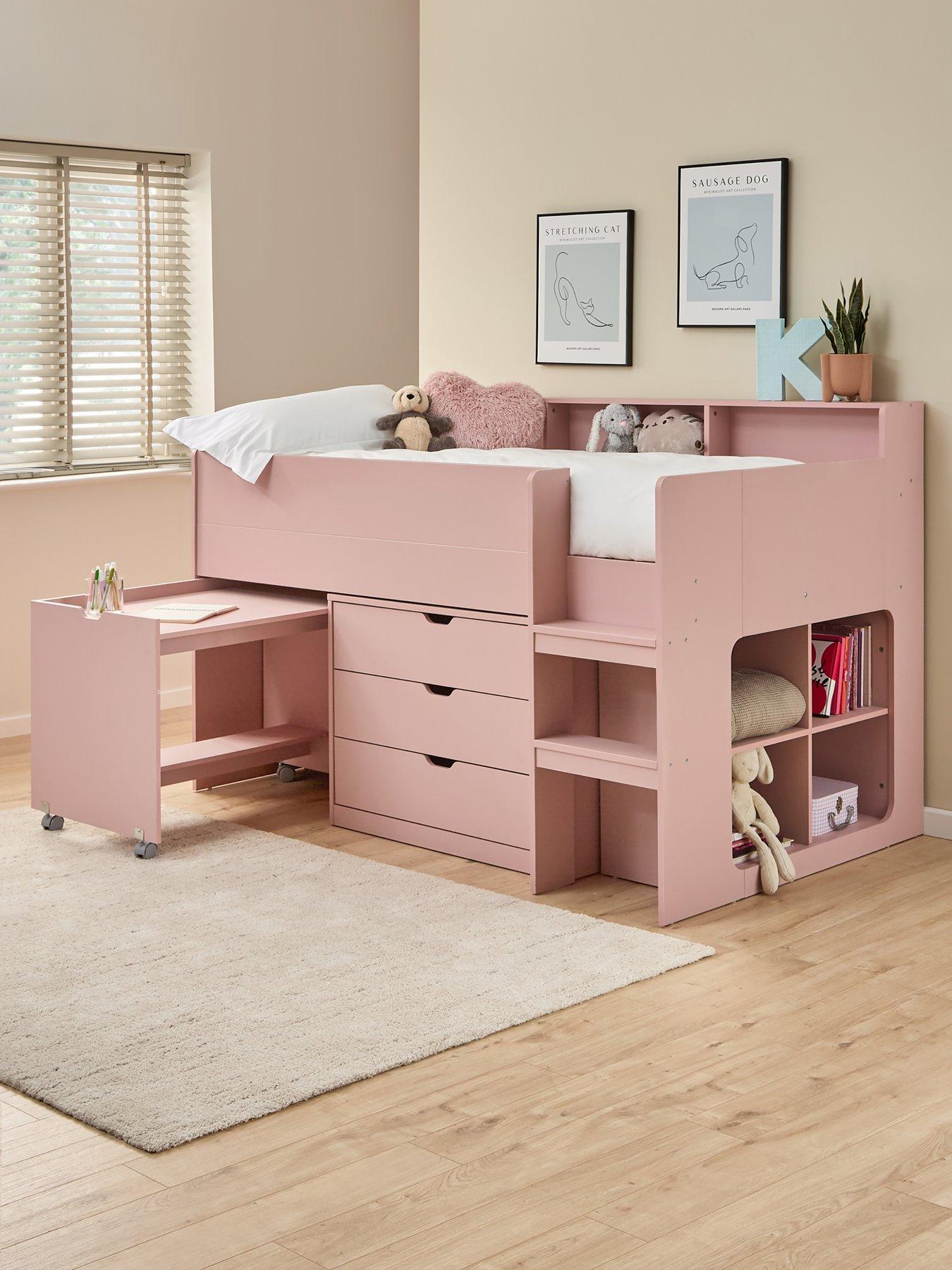The Very Collection Aspen Mid Sleeper Bed Frame with Desk, Drawers and Shelves plus Mattress Options (Buy and SAVE!) - Pink