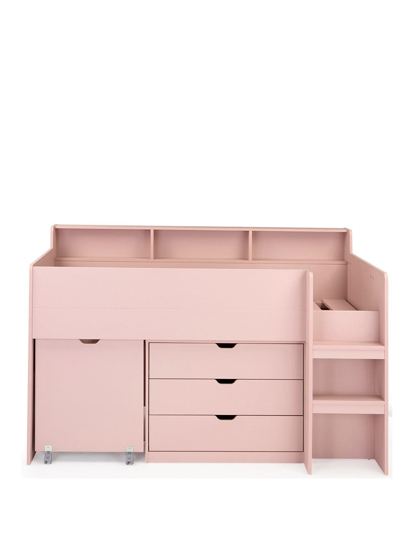  image of the-very-collection-aspen-mid-sleeper-bed-frame-with-desk-drawers-and-shelves-plus-mattress-options-buy-and-save-pink