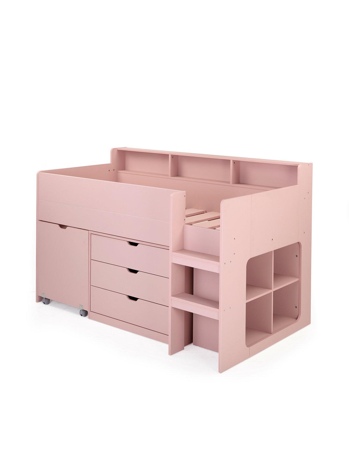  image of the-very-collection-aspen-mid-sleeper-bed-frame-with-desk-drawers-and-shelves-plus-mattress-options-buy-and-save-pink