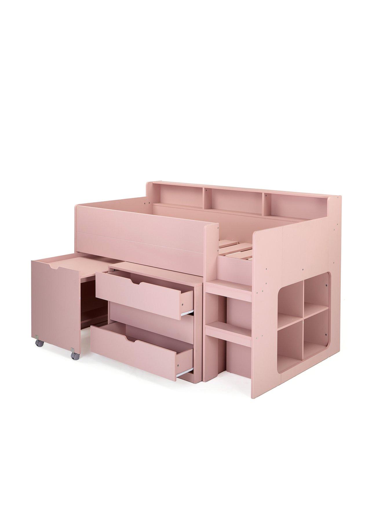  image of the-very-collection-aspen-mid-sleeper-bed-frame-with-desk-drawers-and-shelves-plus-mattress-options-buy-and-save-pink
