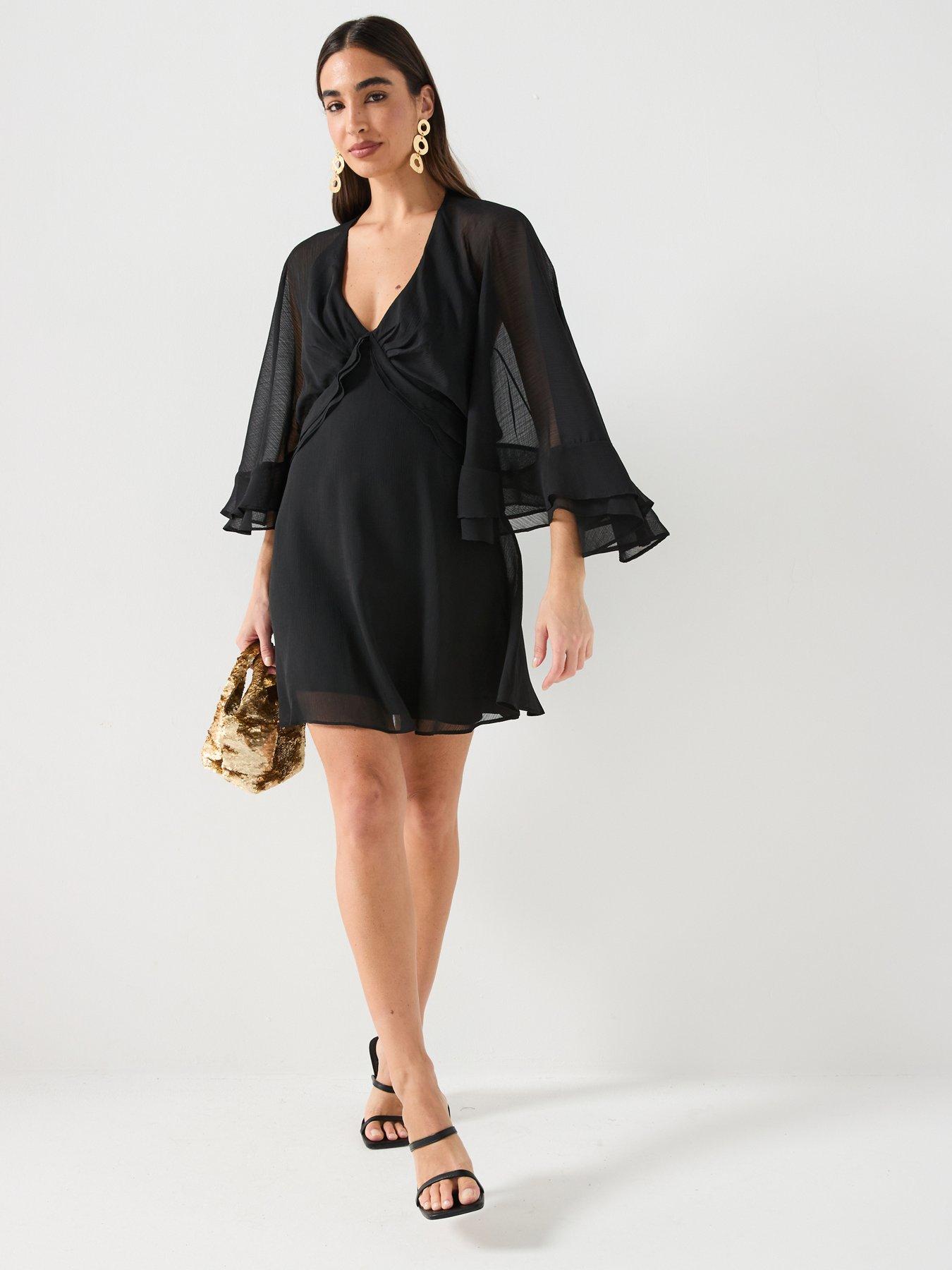 black feather trim mini dress River Island Black Short Sleeve Tie Neck Tunic Dress UK 14