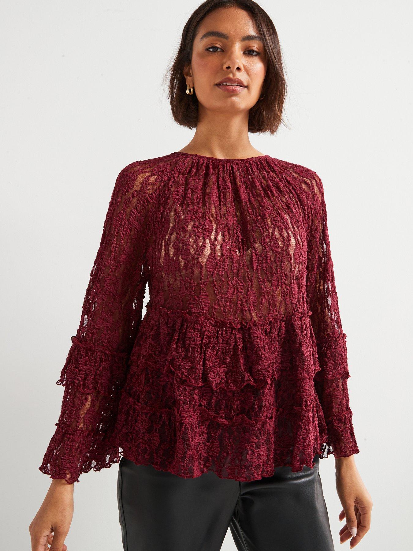 undefined Tiered Frill Lace Top - Plum