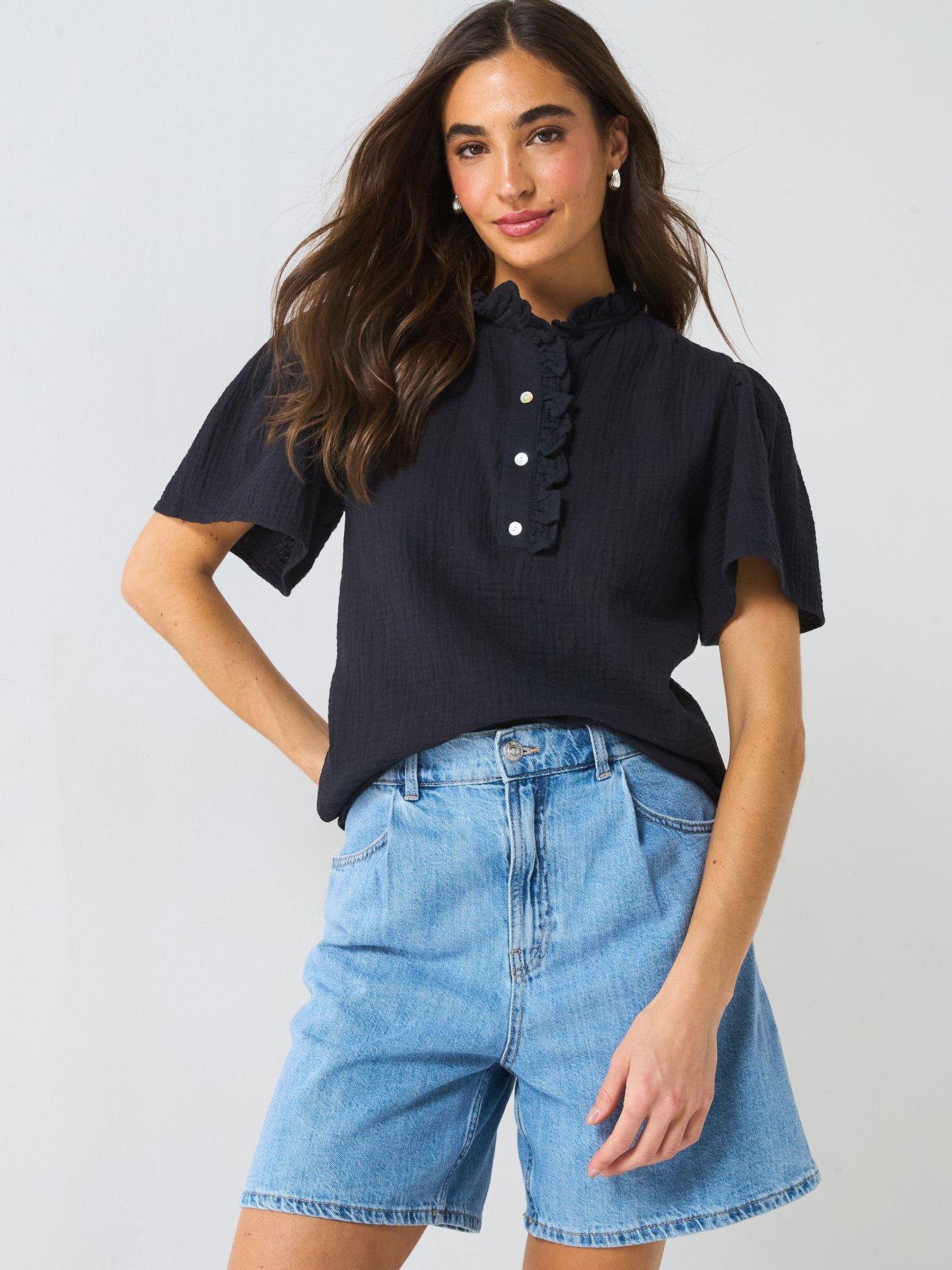  image of v-by-very-crinkle-frill-short-sleeve-blouse-black