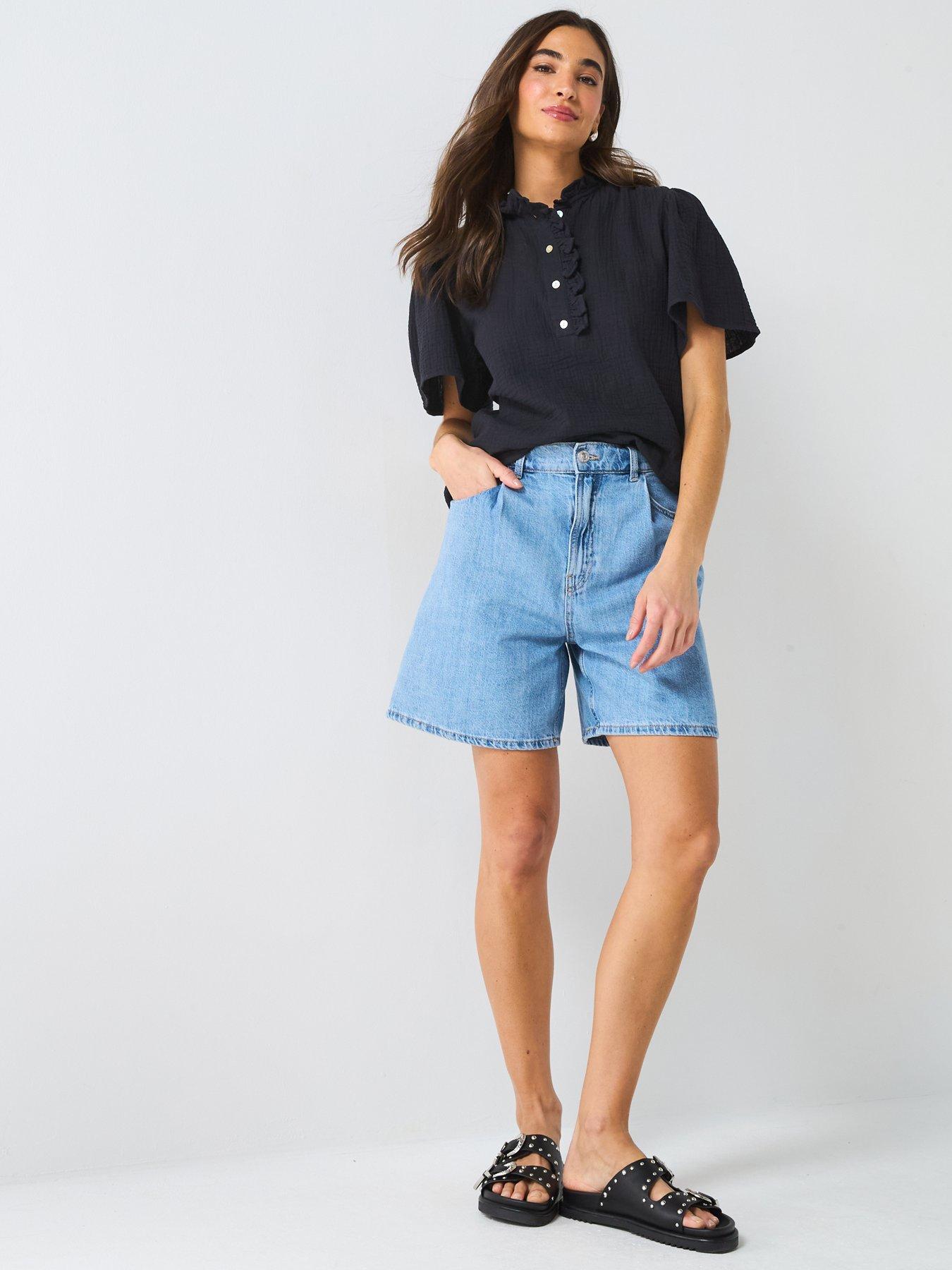  image of v-by-very-crinkle-frill-short-sleeve-blouse-black