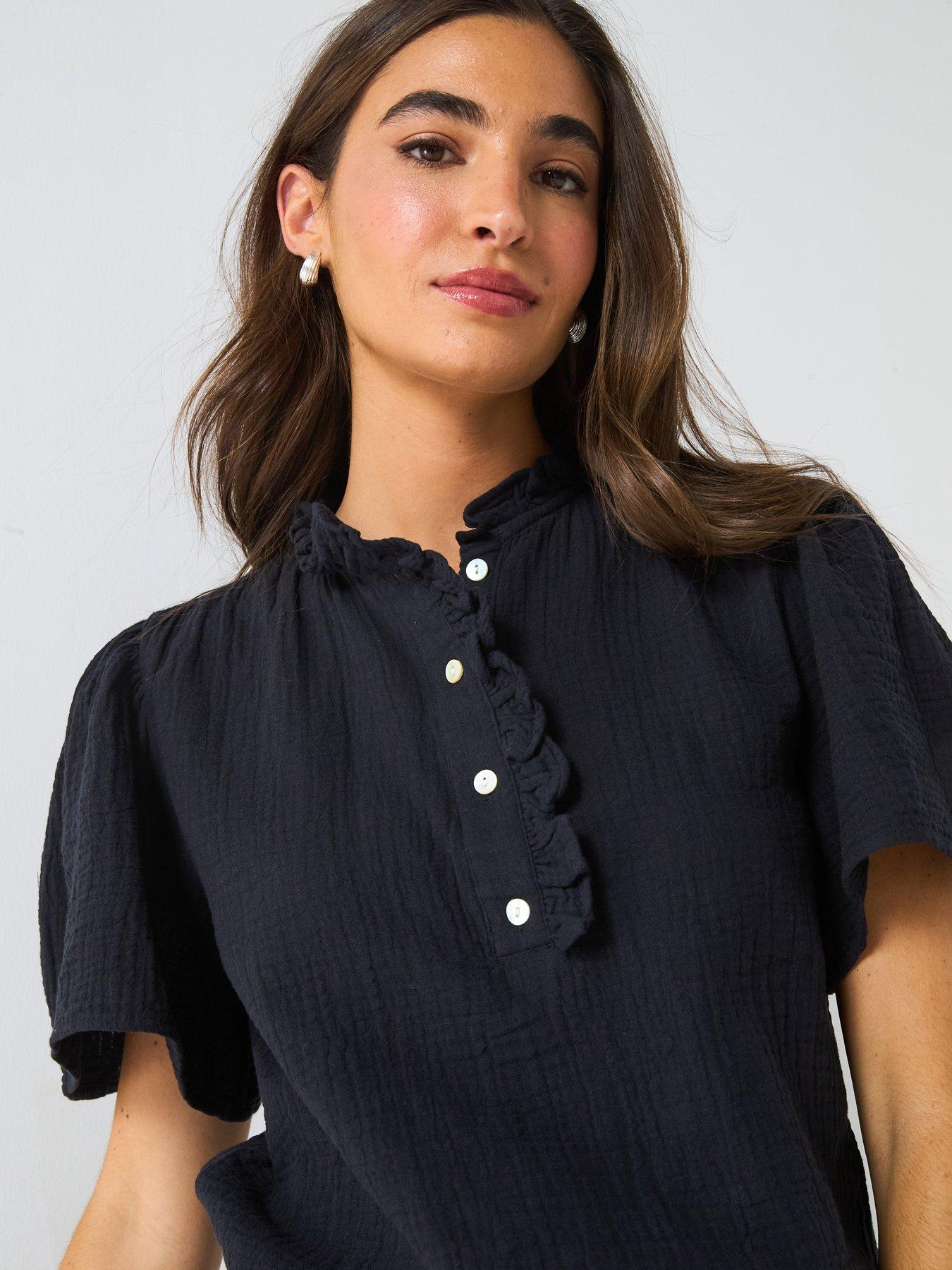  image of v-by-very-crinkle-frill-short-sleeve-blouse-black