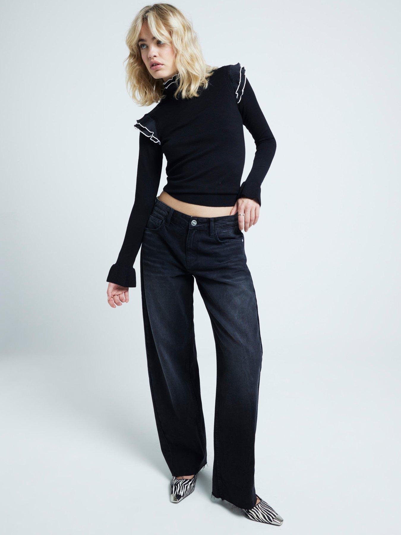  image of river-island-long-sleeve-frill-sleeve-hybrid-jumper-black