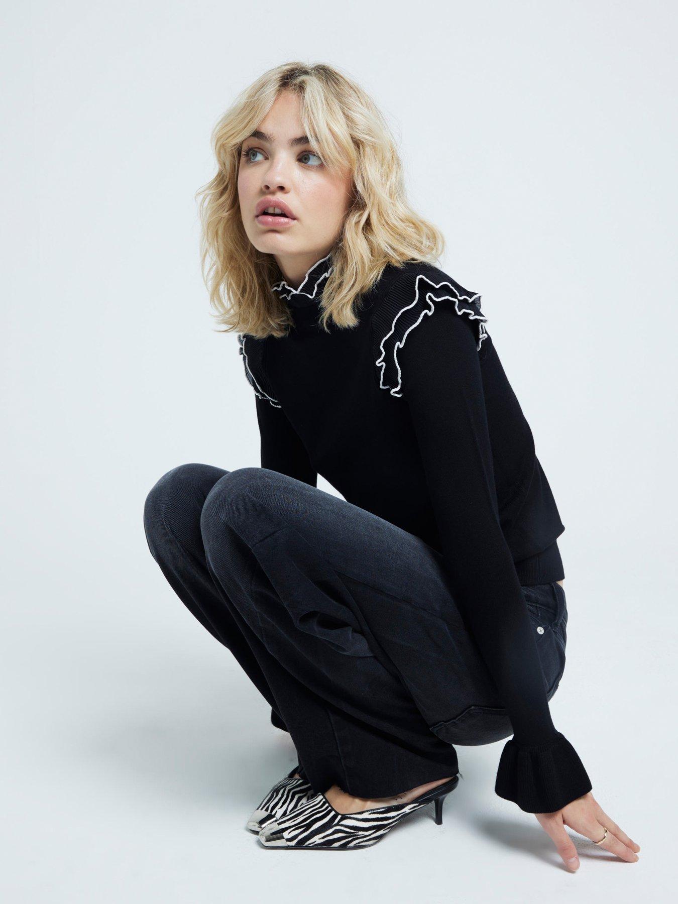  image of river-island-long-sleeve-frill-sleeve-hybrid-jumper-black