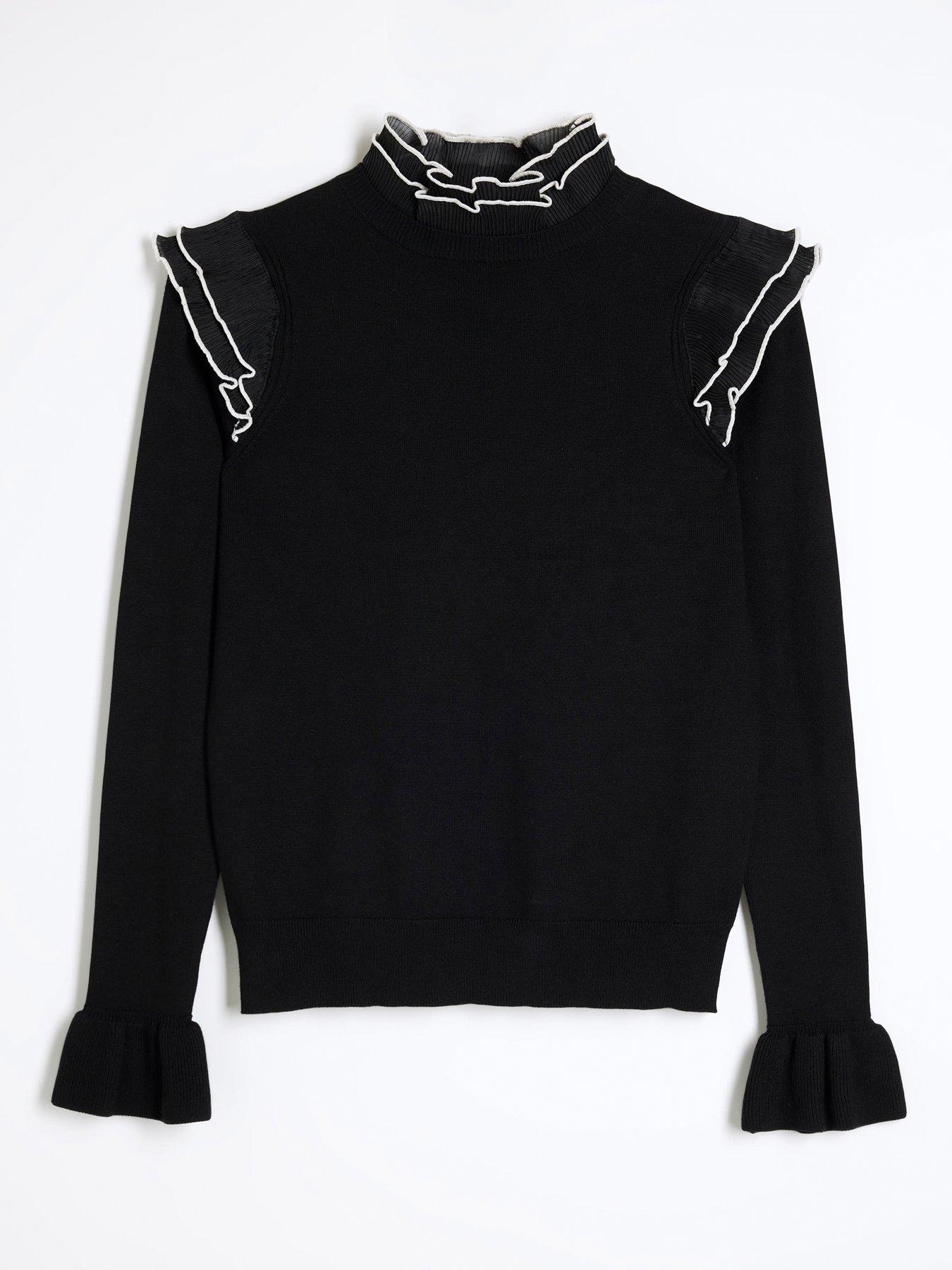  image of river-island-long-sleeve-frill-sleeve-hybrid-jumper-black