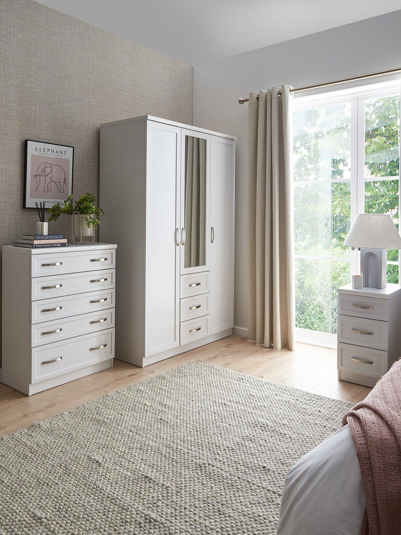 The Very Collection Camberley 3 Piece Package - 3 Door, 3 Drawer Mirrored Wardrobe, 5 Drawer Chest and 3 Drawer Bedside Chest