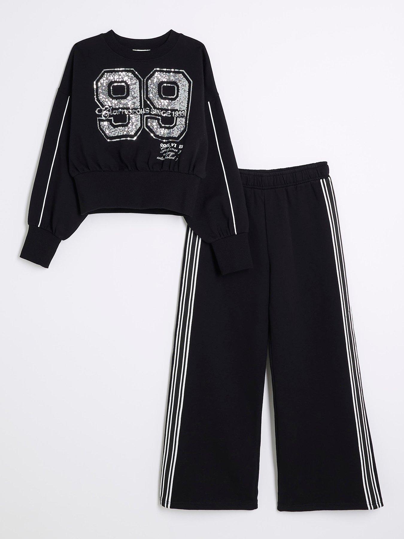  image of river-island-girls-sequin-taped-sweatshirt-set-black