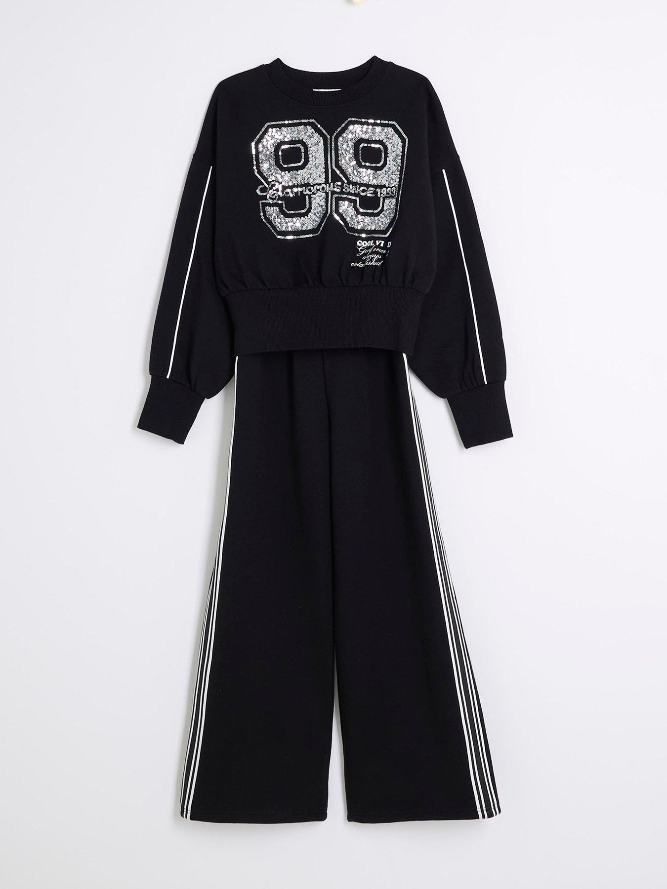  image of river-island-girls-sequin-taped-sweatshirt-set-black
