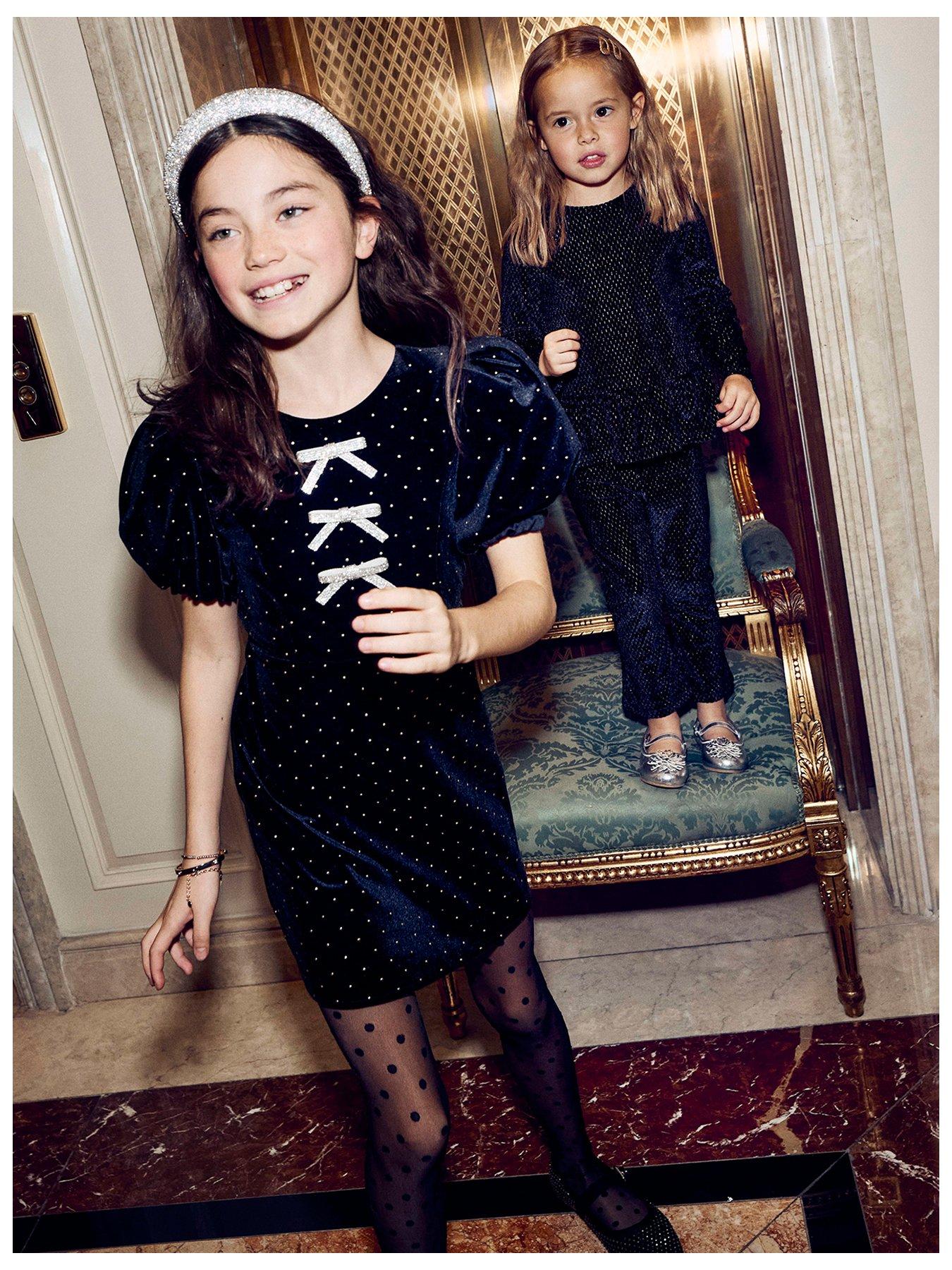 undefined Girls Velvet Pin Dot Bow Shift Dress - Black
