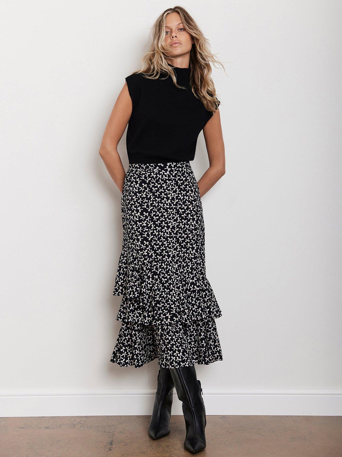 undefined Bow Print Ruffle Midi Skirt - Black