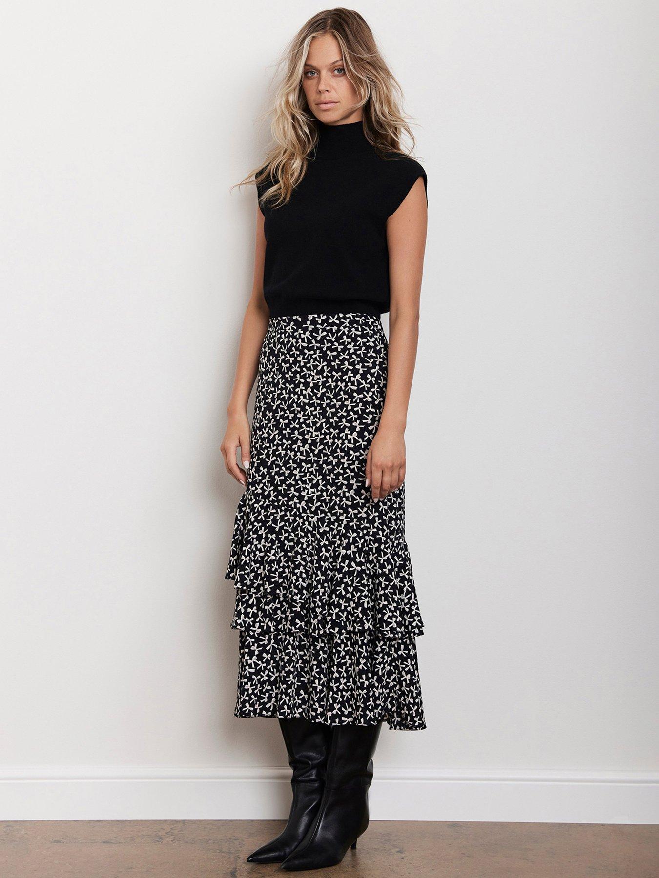 Mint Velvet Bow Print Ruffle Midi Skirt Black Littlewoods