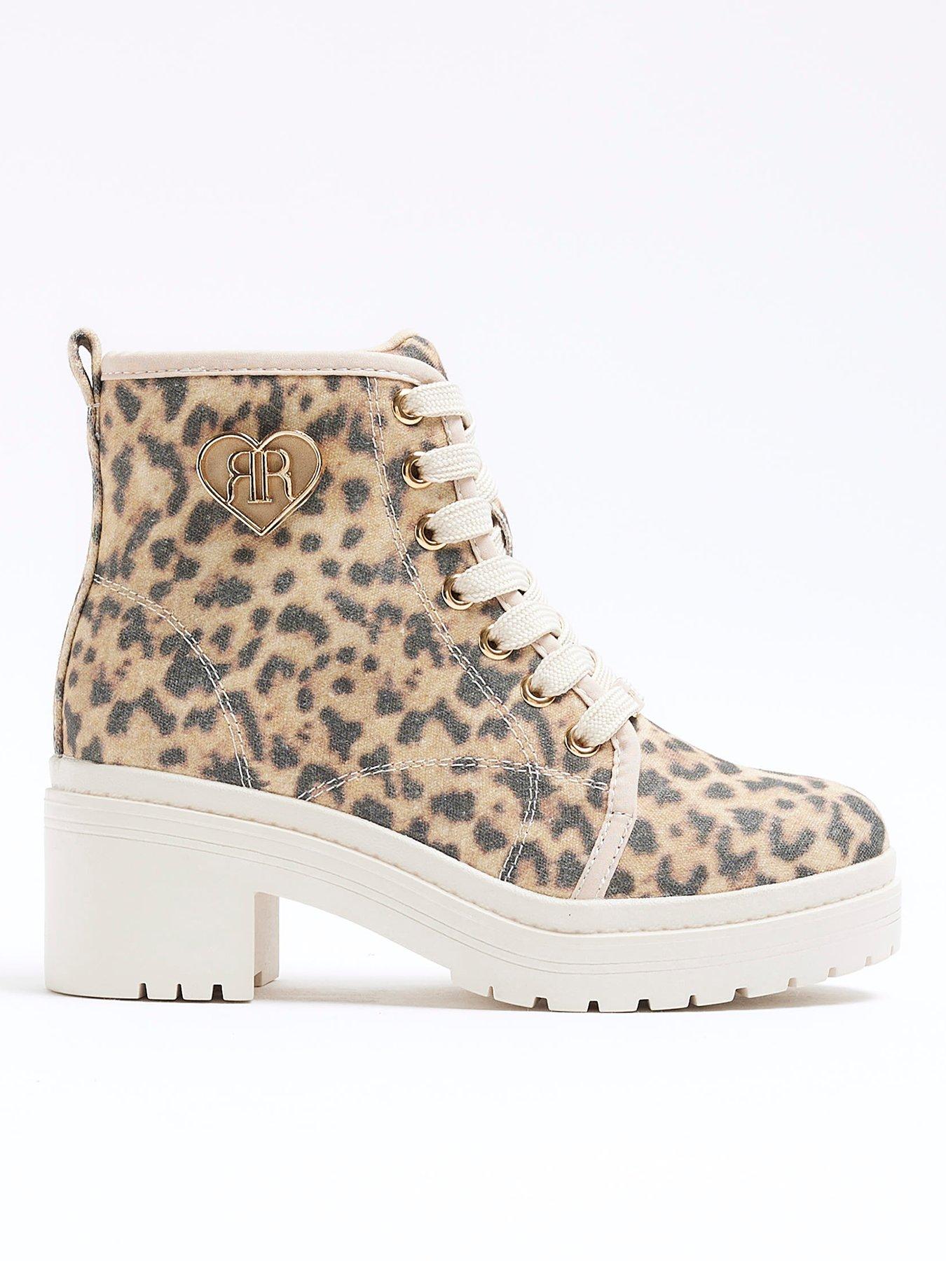 undefined Girls Leopard Canvas Heeled Boot - Beige