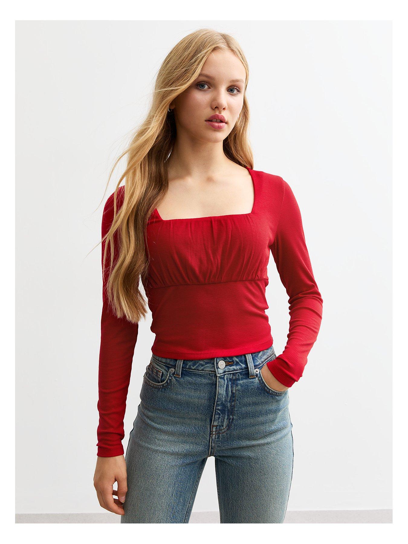 undefined Girls Ruched Front Ribbed Jersey Top - Red