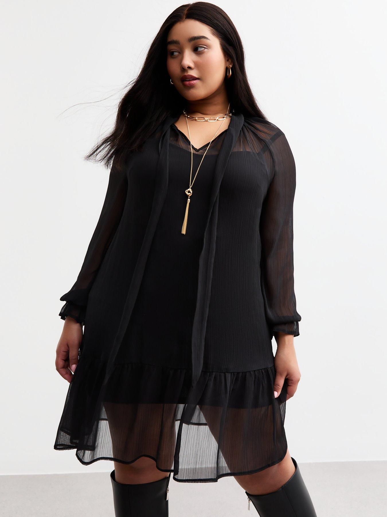 undefined Curves Pussybow Chiffon Mini Dress - Black