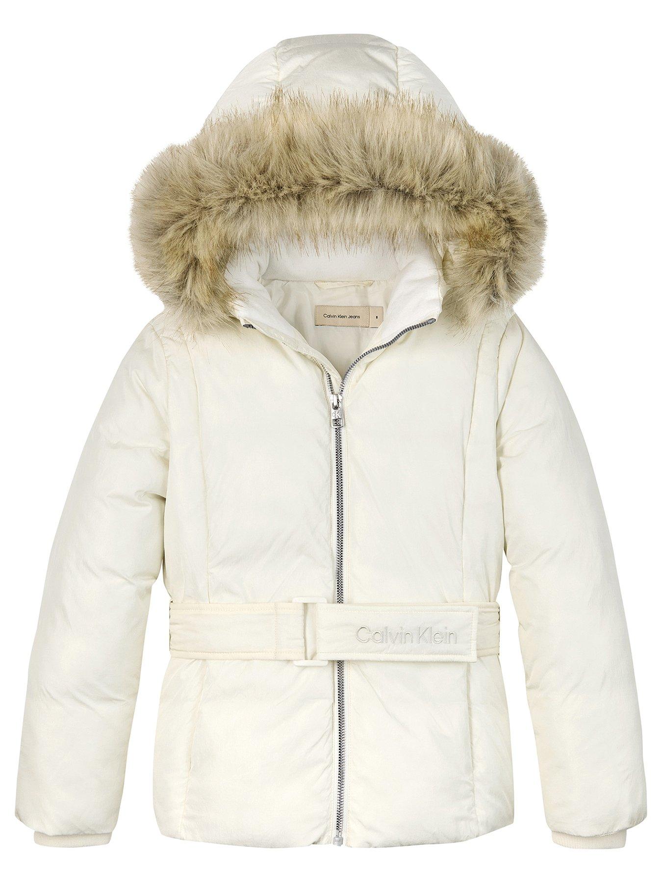 undefined Girls Classic Belted Faux Fur Jacket - Cream