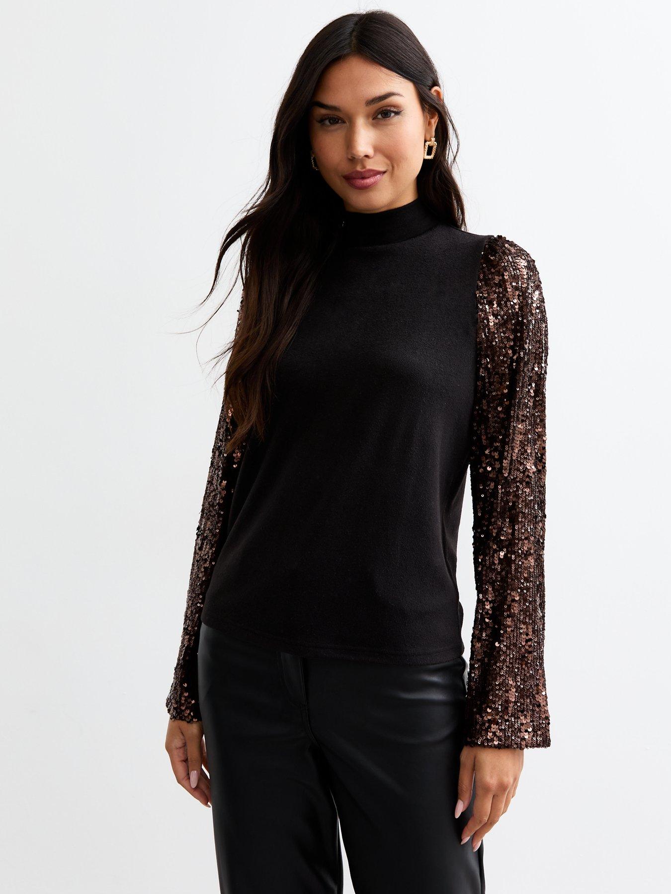 undefined Bronze Sequin Sleeve Knitted Top - Brown