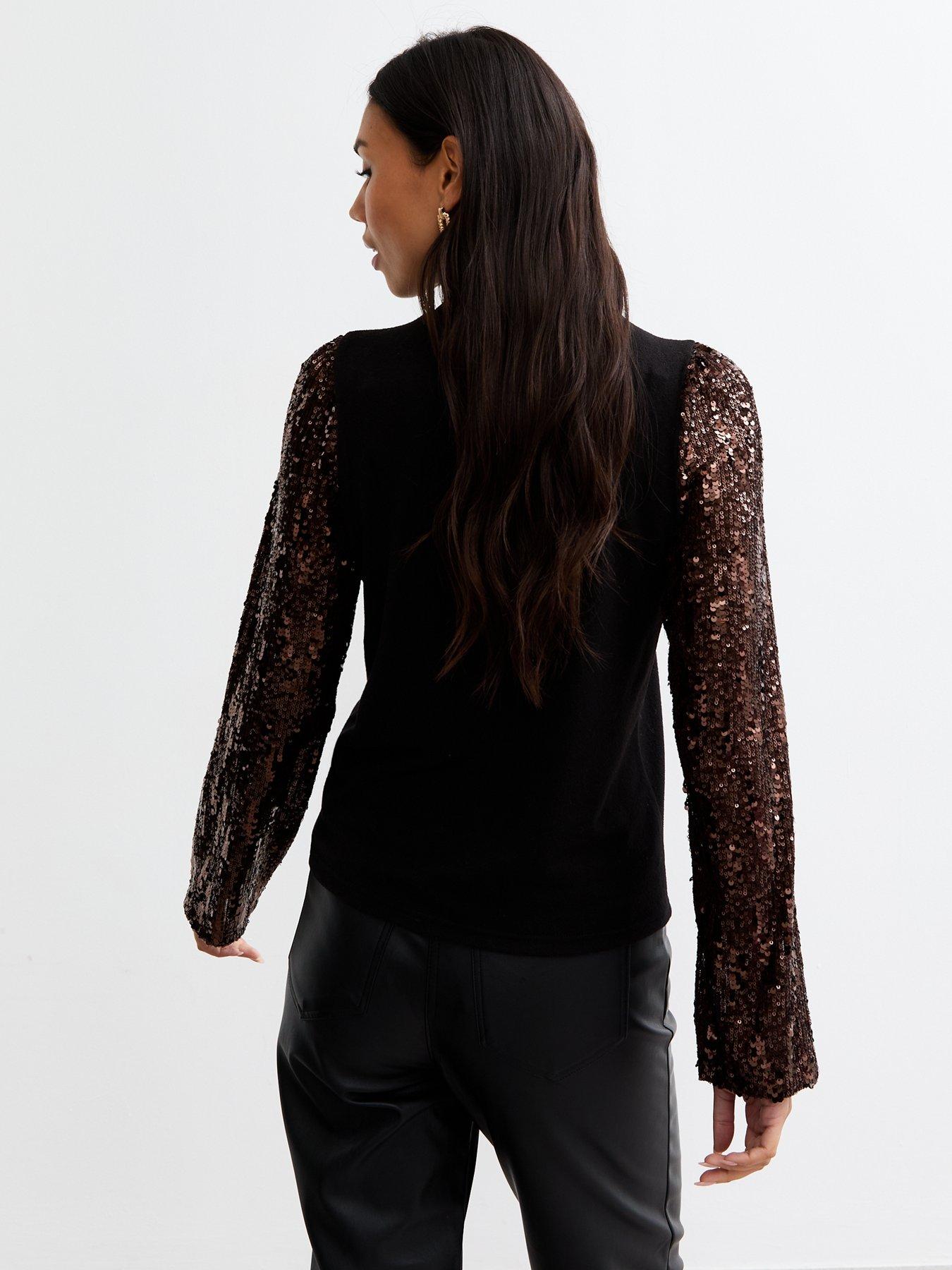 Image 2 of 4 of New Look Bronze Sequin Sleeve Knitted Top - Brown