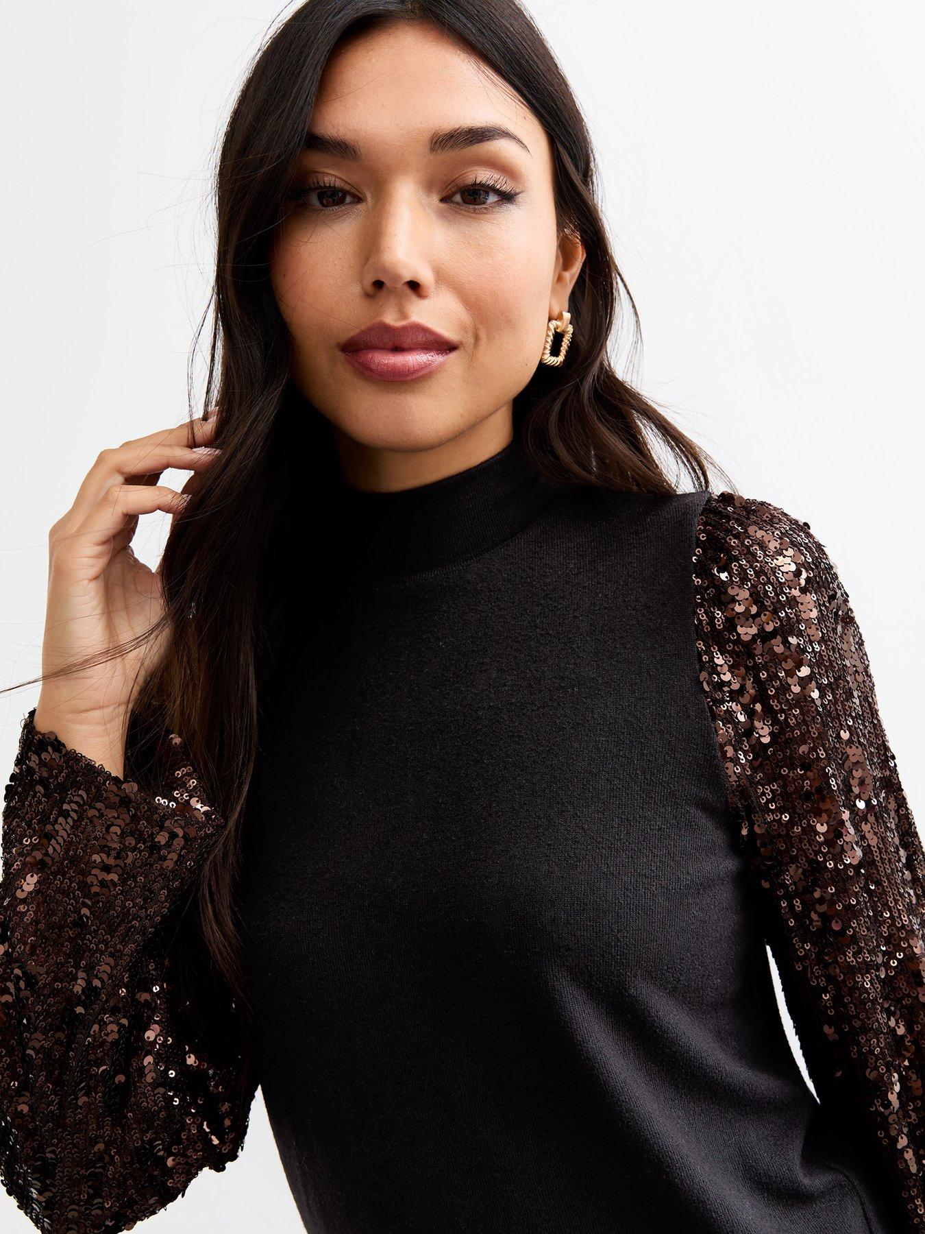 Image 4 of 4 of New Look Bronze Sequin Sleeve Knitted Top - Brown