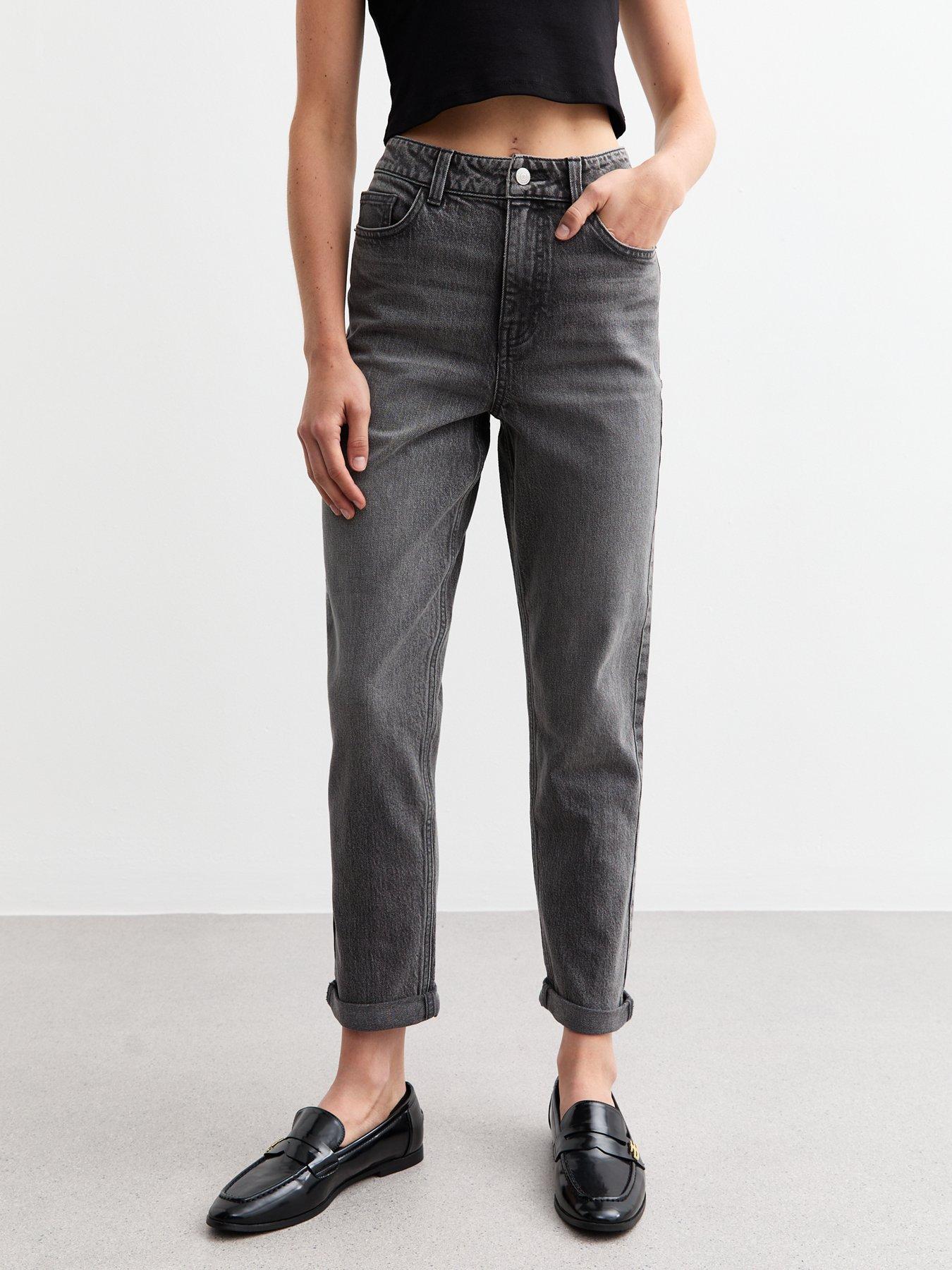 undefined Cropped Leg Mid-Rise Denim Mom Jeans - Grey