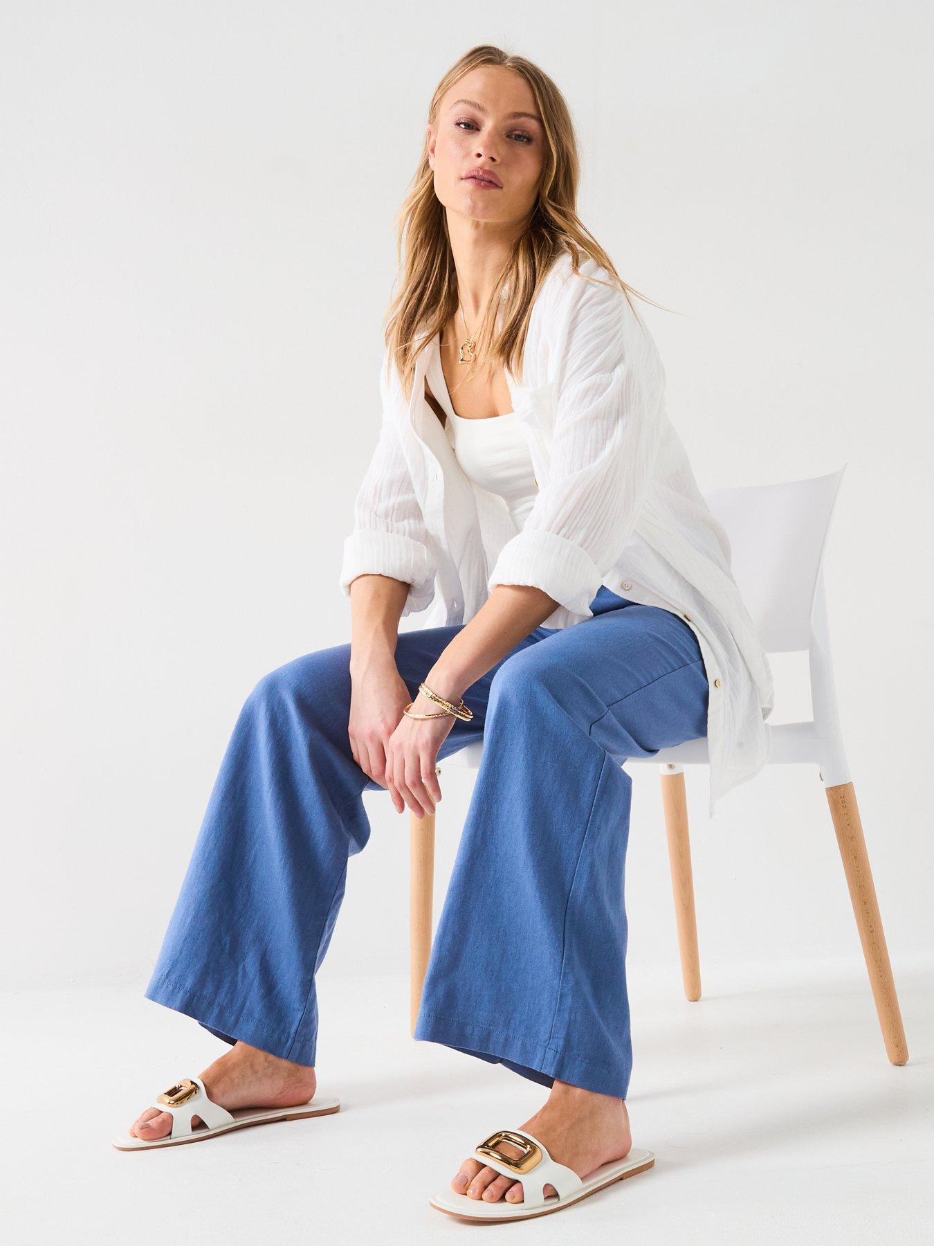 Image 5 of 6 of Everyday Wide Leg Linen Blend Trousers - Blue