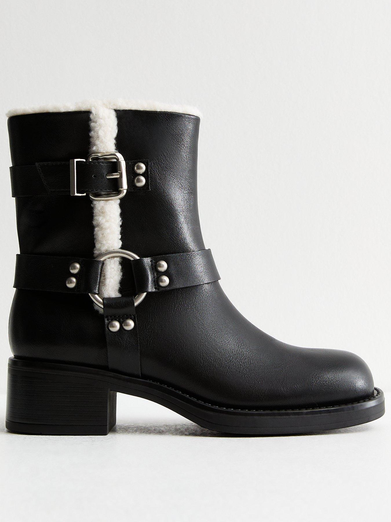 undefined Faux Fur Trim Leather Biker Boots - Black