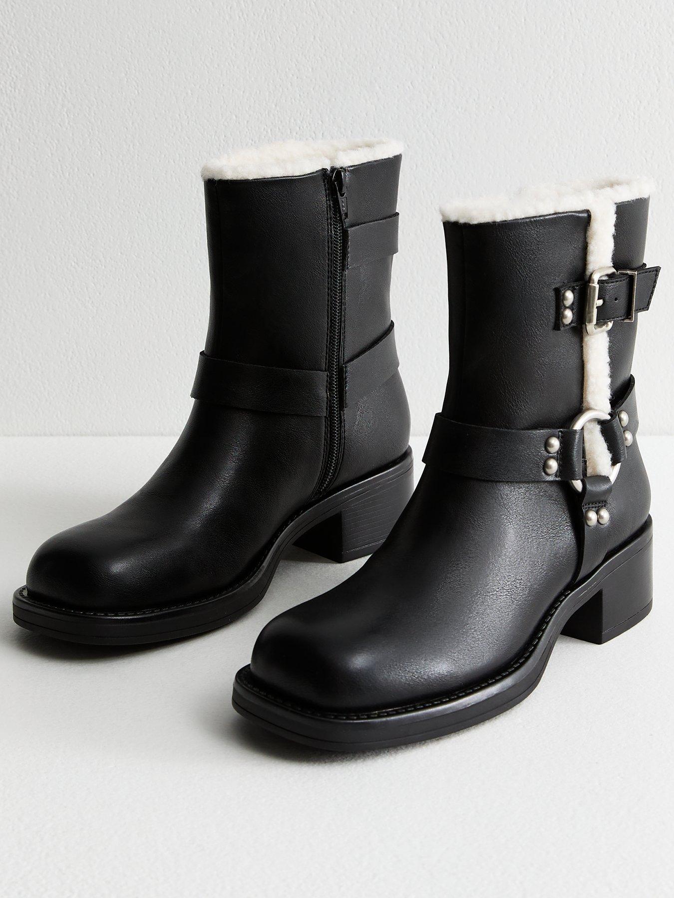  image of new-look-faux-fur-trim-leather-biker-boots-black