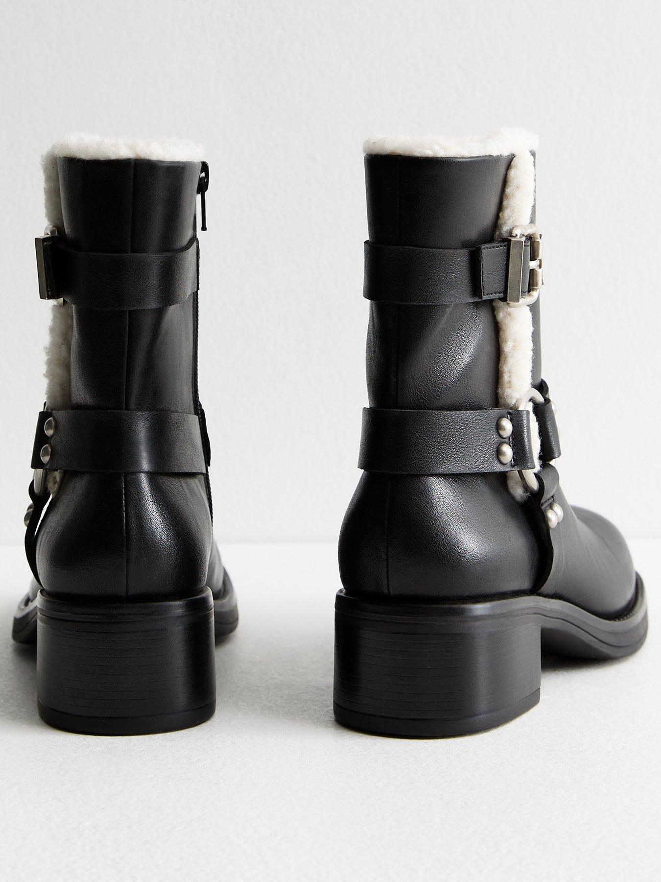  image of new-look-faux-fur-trim-leather-biker-boots-black