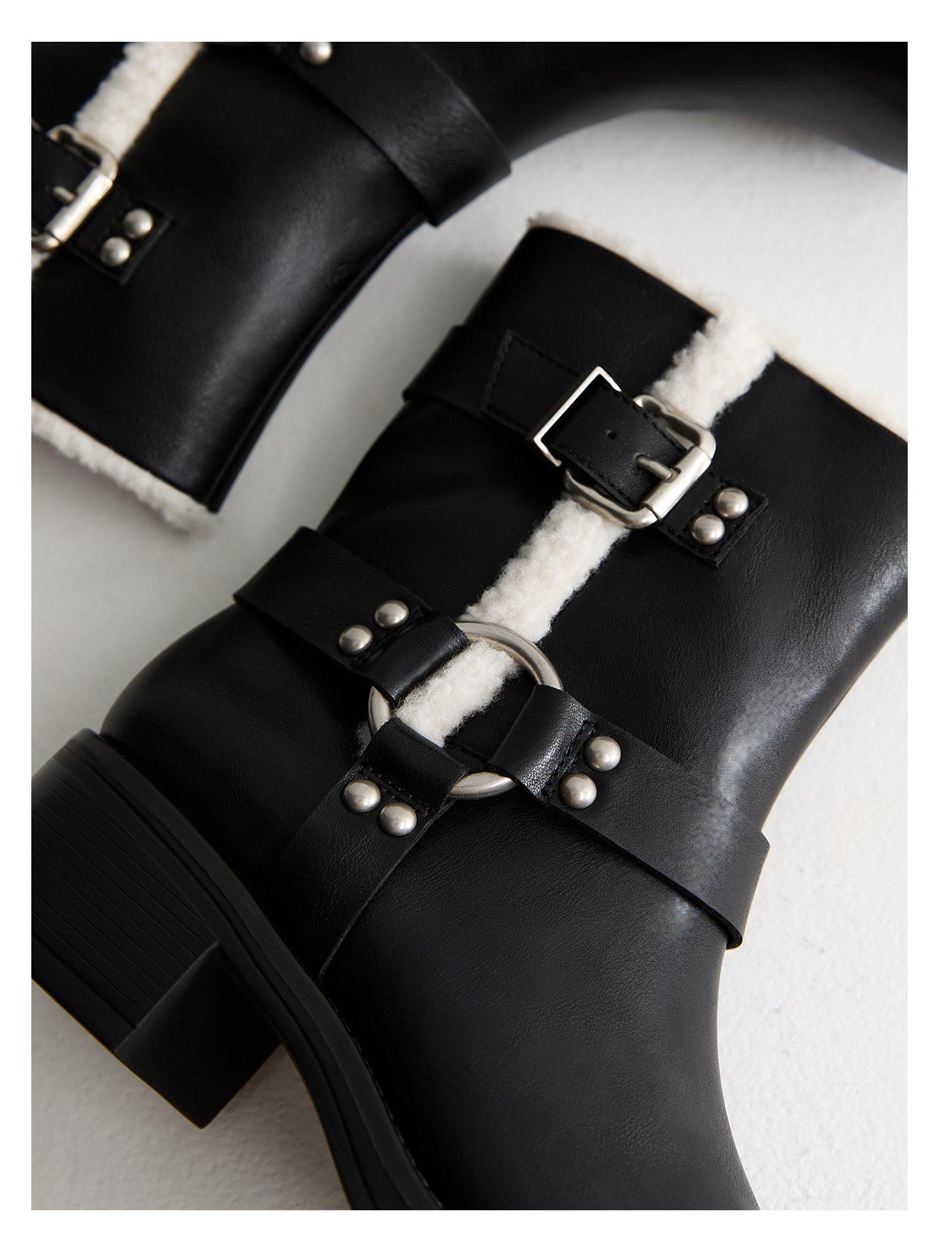  image of new-look-faux-fur-trim-leather-biker-boots-black