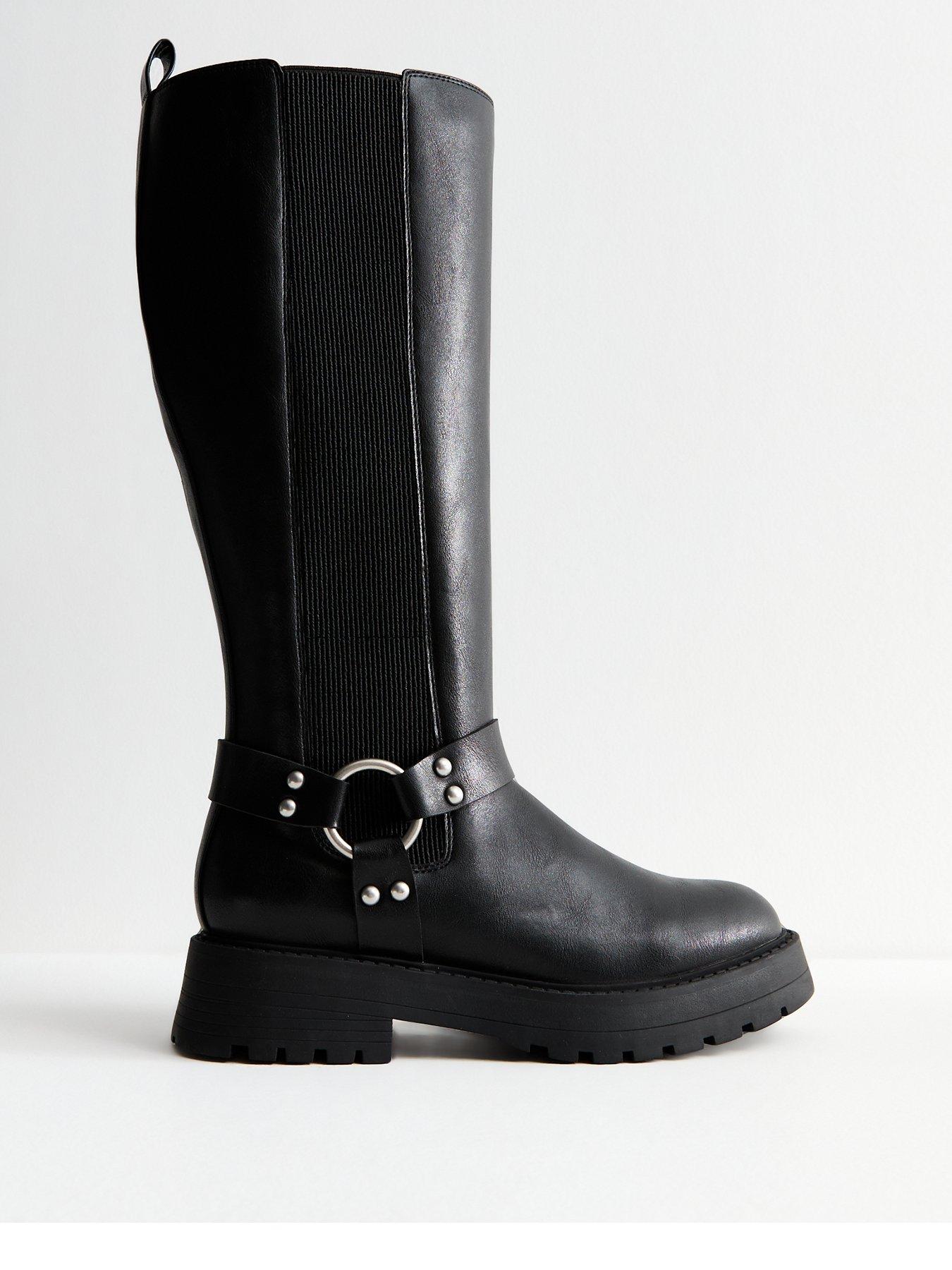 front image of new-look-wide-fit-triple-strap-buckle-faux-leather-knee-high-boots-black