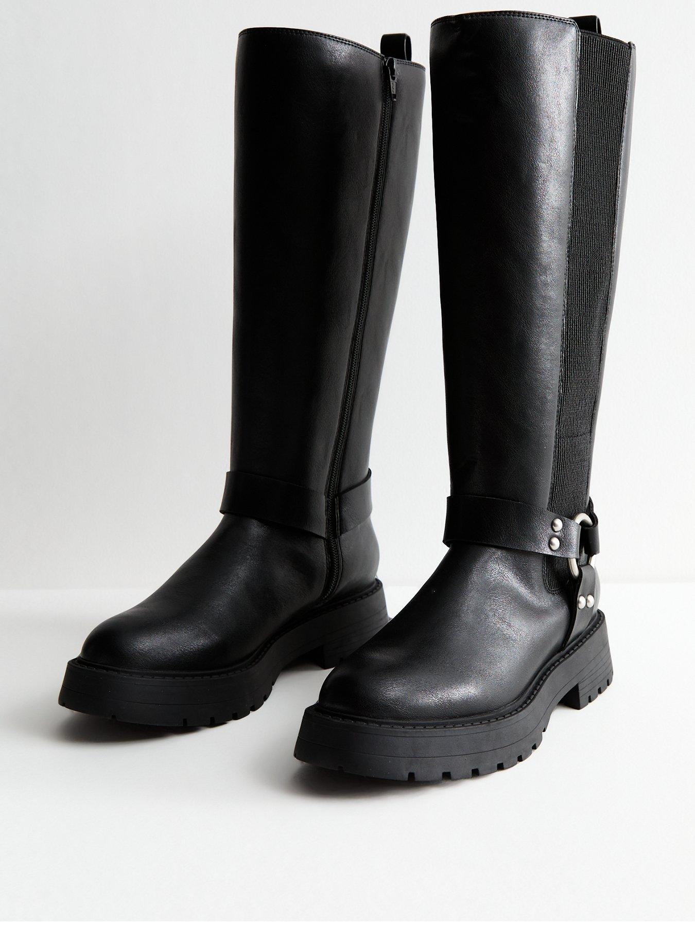  image of new-look-wide-fit-triple-strap-buckle-faux-leather-knee-high-boots-black