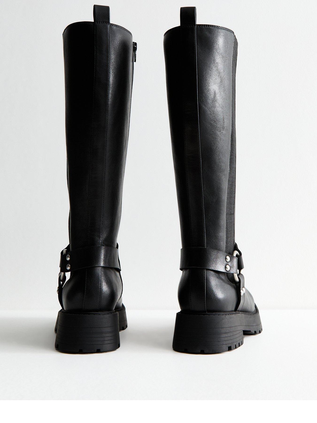  image of new-look-wide-fit-triple-strap-buckle-faux-leather-knee-high-boots-black