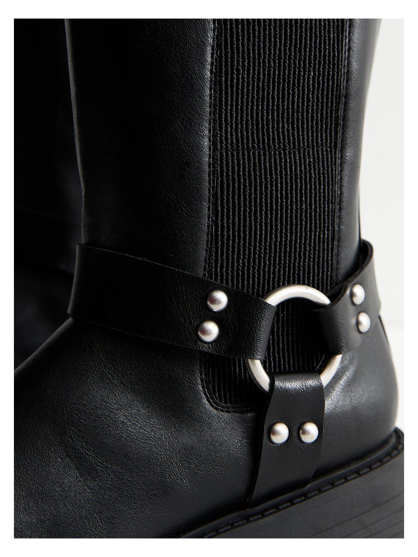  image of new-look-wide-fit-triple-strap-buckle-faux-leather-knee-high-boots-black