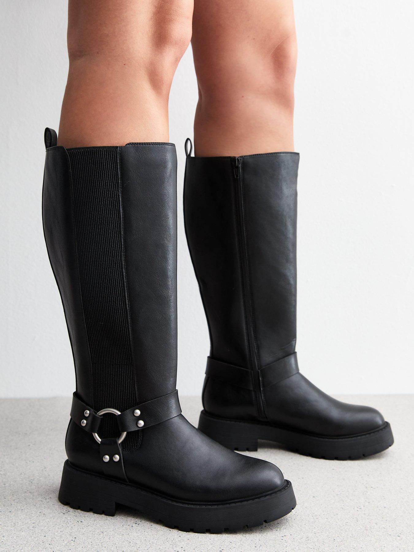  image of new-look-wide-fit-triple-strap-buckle-faux-leather-knee-high-boots-black