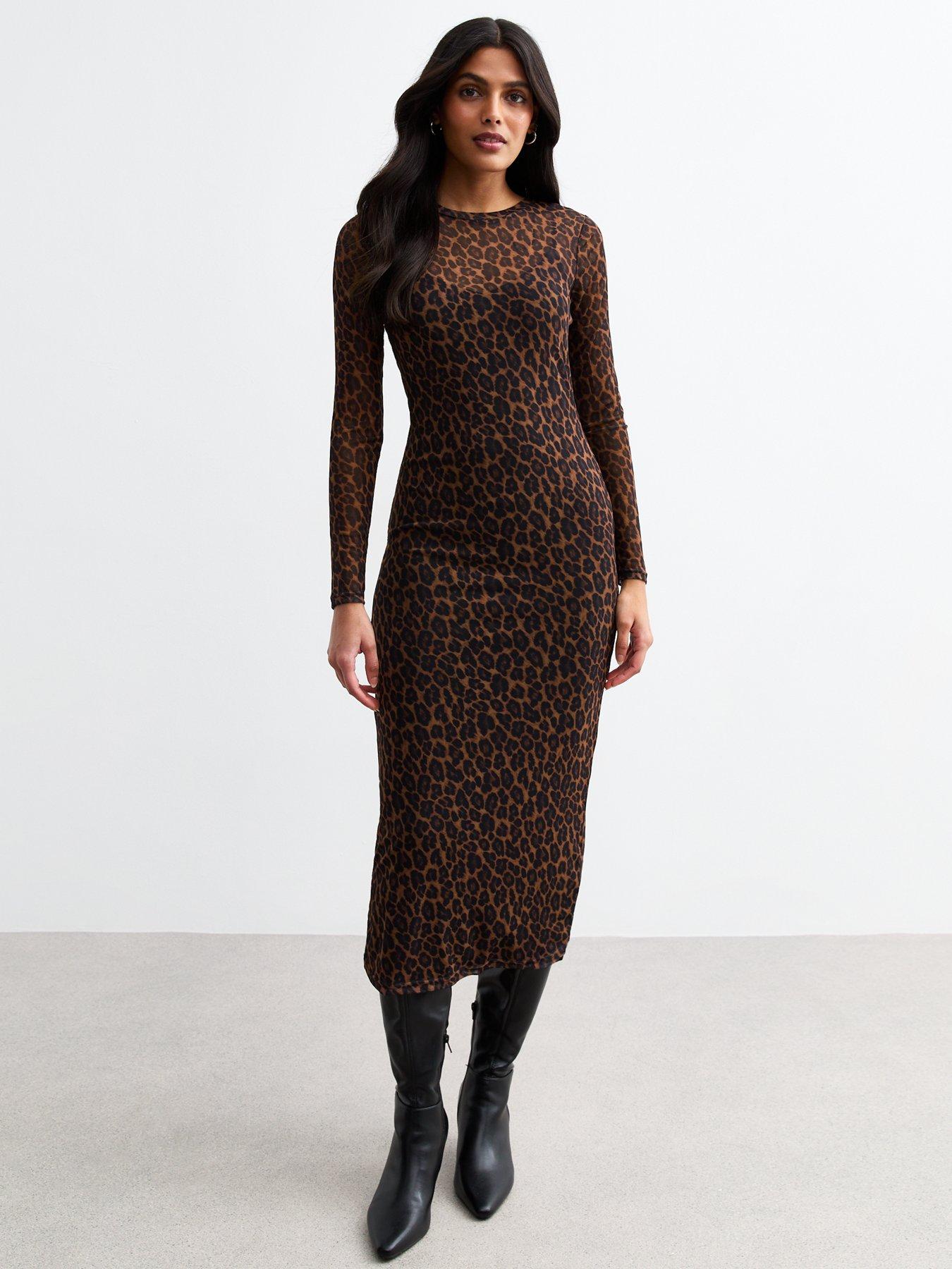 undefined Brown Leopard Long Sleeve Midi Dress - Print